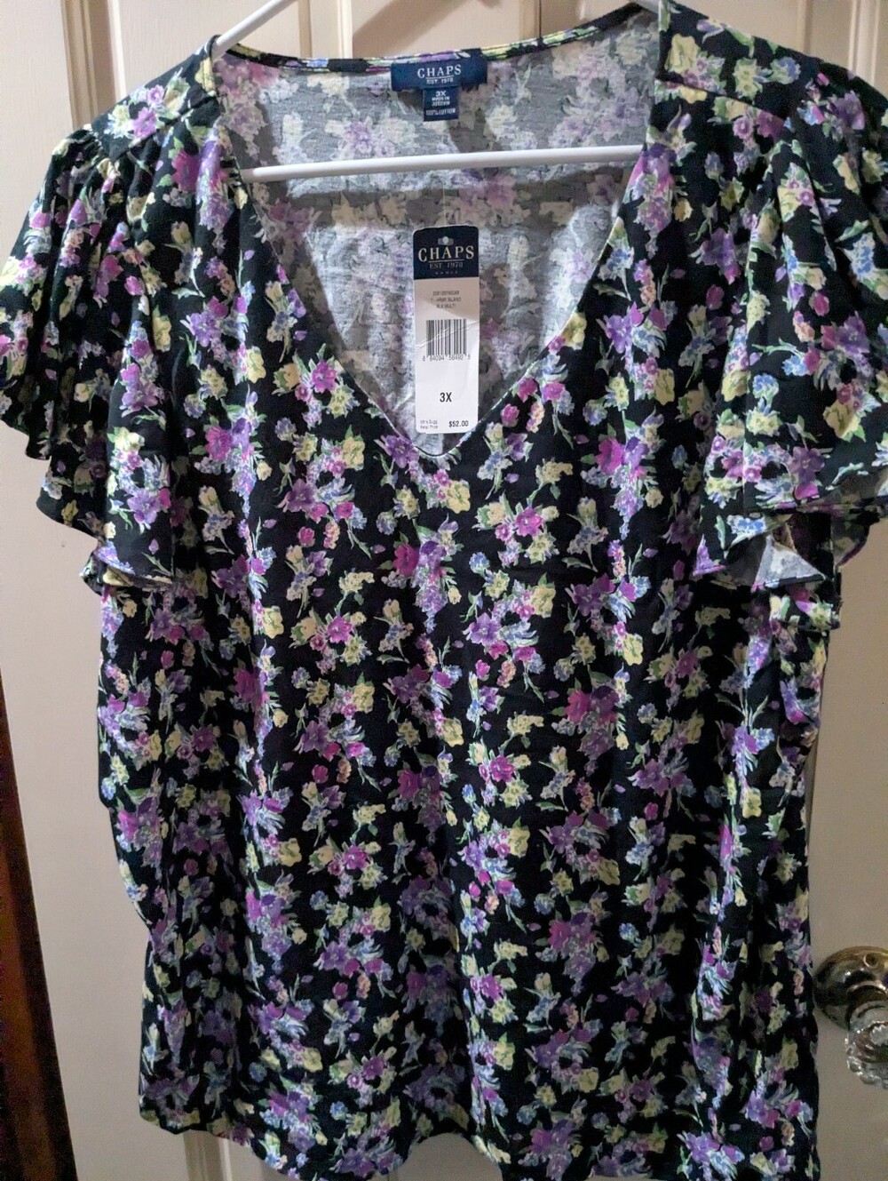Chaps Black Floral V-Neck Ruffle Sleeve Blouse
